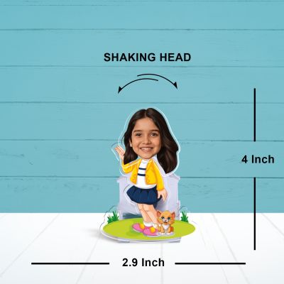 Personalized Cartoon Theme Funny Face Caricature Birthday Return Gift for Kids, Girls & Boys Solar Powered Moving Head for Car Dashboard & Table Decor (Girl with Cat)